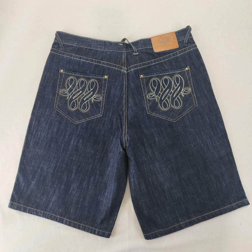 Akoo Men's Dark Wash Shorts Sz. 40 Embroidered Back Pockets Y2k 90s Baggy